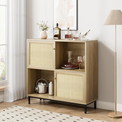 Salutmeuble Buffet Haut en Rotin/Bois avec Portes coulissantes, Armoir de Cuisine Meuble de Rangement avec 4 Compartiments pour Salon, Cuisine et Salle à Manger (101x 94x 30 cm),Chene