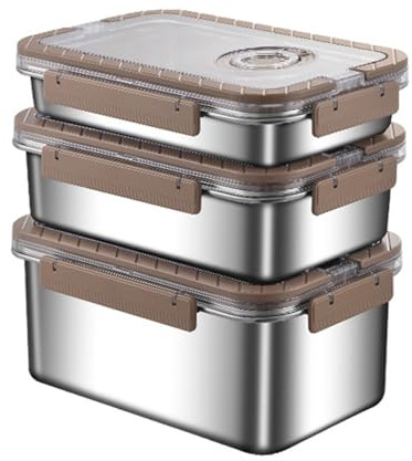 Rechteck Edelstahl Nahrungsmittellagerbehälter, Nahrungsmittelbehälter mit Deckeln für Küche, Picknick, Reisen, langlebig, leckdichtes Design Outdoor Camping Lunch Box (Khaki color, Three-Piece)