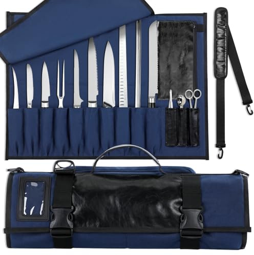 WISEPRO Chefs Knife Roll Bag, Heavy Duty Canvas & Leather Knife Case, Waterproof Knife Case with 10 Slots & 1 Detachable Storage Bag, for Home Kitchen Camping Hiking (Blue)