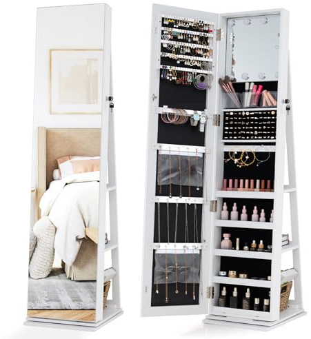 COSTWAY Schmuckschrank, 360° Drehbar, Spiegelschrank abschließbar mit LED-Leuchten & Make-up-Spiegel, Freistehender Standspiegel, Ganzkörperspiegel für Ketten, Ohrringe, Schminke (Weiß)