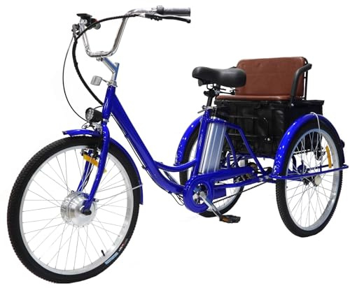Elektrisches Dreirad für Erwachsene, 24 Zoll, mit 36 ​​V 12 Ah Lithiumbatterie und Multifunktionskorb im Rücksitz, maximale Belastung 150 kg, menschlicher Unterstützung, Motorunterstützung (blue)
