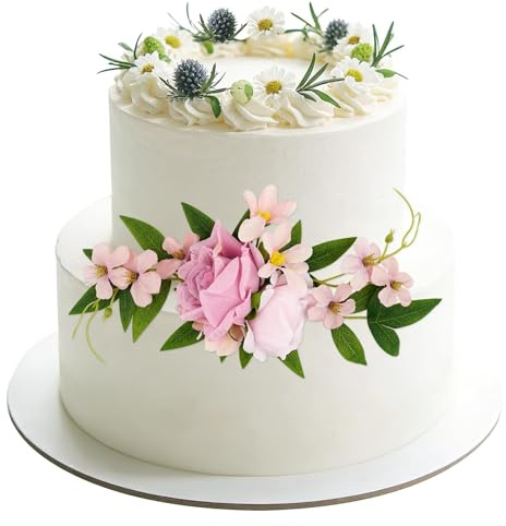 Artificial Flower Cake Topper, Pink Rose Flower Leaves Assembled Cakes Decoration, DIY Birthday Valentine's Day Wedding Anniversary Party Cake Decorations Supplies (Pink)