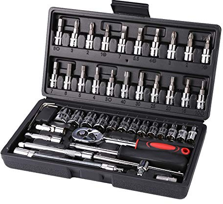 TIEOAXFT 46pc Car Repair Tool Kit 1/4-Inch Socket Set Ratchet Torque Wrench Combo Auto Repairing Mechanic Tools(Black)