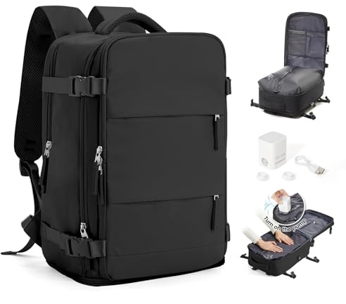 SEAFEW Zaino Ryanair 40x30x20 Sottovuoto con Pompa Zaino da Viaggio | Borsa da Cabina per Ryanair 40x30x20 Zaino da Viaggio con sottovuoto Lavoro e Scuola Trekking Casual per laptop 14,A01-Nero
