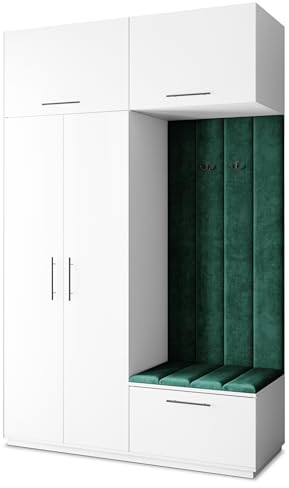 Masseno Flugarderoben Set Rema, Kleiderschrank-Set mit Sitzbank, Garderobenschrank Flur mit 5 Regalböden, Weiß