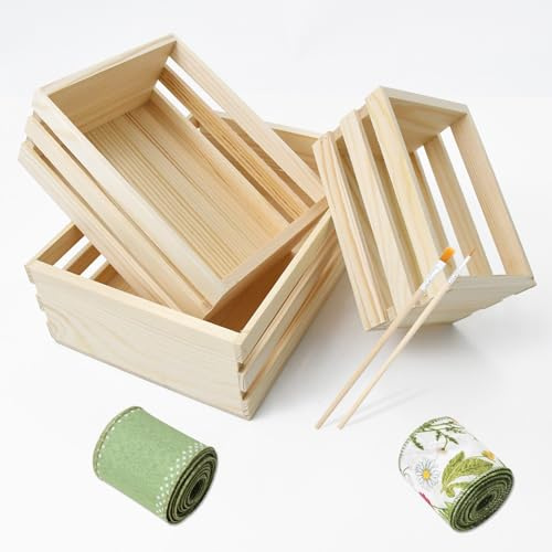 ZEKUN 3 Stück Holzkiste Klein Geschenkkorb Obstkiste Holz Vintage Deko Holzkisten DIY Creative Präsentkorb Mit 3 Größen für Osterkorb Holz Weinkiste Obstkisten, Enthält 2 Rollen Band und 30 Pinsel