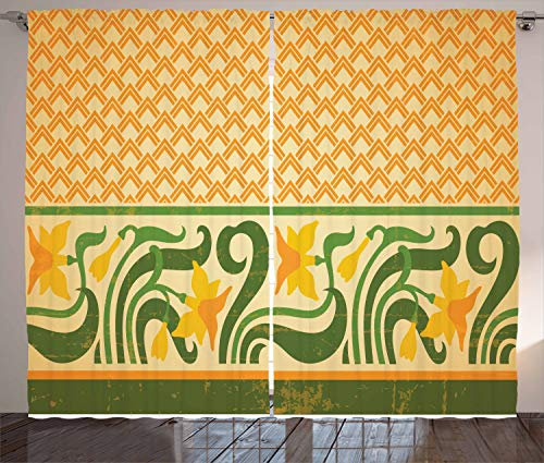 ABAKUHAUS Jugendstil Rustikaler Vorhang, Aufwändige Narzissen, Wohnzimmer Universalband Gardinen mit Schlaufen und Haken, 280 x 175 cm, Orange Gelb-Grün