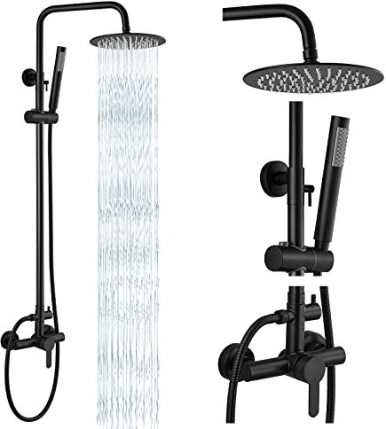 gotonovo Kit de douche d'extérieur SUS304 en acier inoxydable avec support mural haute pression, 2 douchette de 20,3 cm et douchette à main, poignée unique, noir mat
