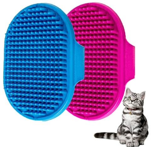 YMCCOOL Haustier-Badebürste für Hunde und Katzen, Shampoo-Bürste, beruhigende Massage, Gummikamm mit verstellbarem Ringgriff für langhaarige Hunde und Katzen, Blau + Rose, 2 Stück