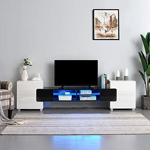 Meuble TV LED en MDF avec 4 Compartiments de Stockage + 2 Portes sur Salon et Chambre à Coucher, 230 x 35 x 53 cm (Noir+Blanc)