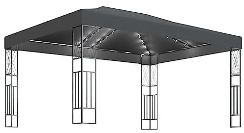 vidaXL Cenador con Tira de Luces Lateral Pérgola Jardín Patio Toldo Sombrilla Parasol Tienda Carpa Marquesina Desmontable 3x4 m Tela Gris Antracita