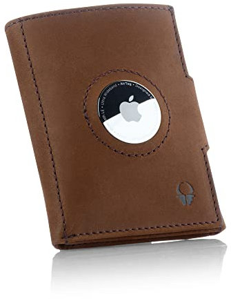 DONBOLSO Herren Slim Wallet mit Apple AirTag-Fach - Leder Mini geldbörse Herren mit Münzfach - Einfarbig Kreditkartenetui für Karten und Münzen mit RFID-Schutz - 9 x 7,1 cm (Vintage Braun)