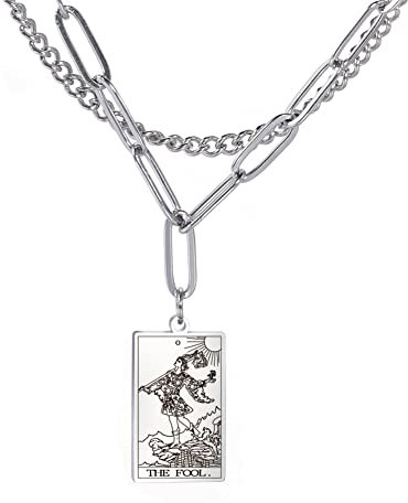 Amaxer Rider Waite Tarot Karte Halskette Retro Lucky Amulett Charm Anhänger Edelstahl Vintage Schmuck (0-The Fool-Silver)