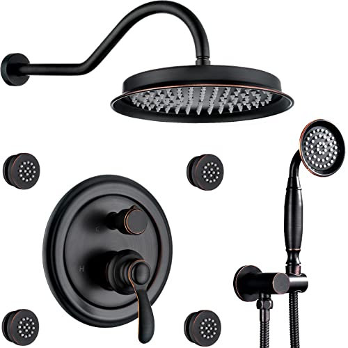 Ölgeriebenes Bronze-Duschsystem – Antike Wasserhähne, Komplett-Set, Wandmontage, 22.9 cm, Regenkopf mit Handbrause und Körperdüsen, Befestigungen, Kombi, 3-Wege-Umsteller, Rough-in-Ventil, Trimm-Kit