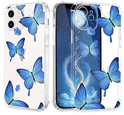 Blue Butterfly Clear Case for iPhone 12 Mini, Soft Cute Aesthetic Animal Designed Shockproof Transparent TPU Bumper Kawaii Funny Pattern Print Protective Phone Case Cover Boys Girls Men Women