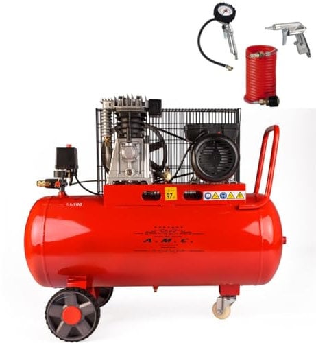 AMC Compressore ad aria da 100 litri pressione 8 bar elettrico coassiale 3 Hp incluso Kit Accessori motore potente termicamente silenziato protetto con Carcassa esterna in alluminio'