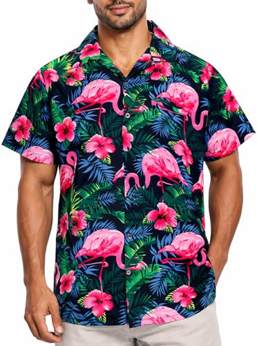 King Kameha Hawaii Hemd Männer - Tropisches Hawaiihemd Herren Kurzarm mit Flamingo-Print & Fronttasche, Ideal für Urlaub, Festival & Strand