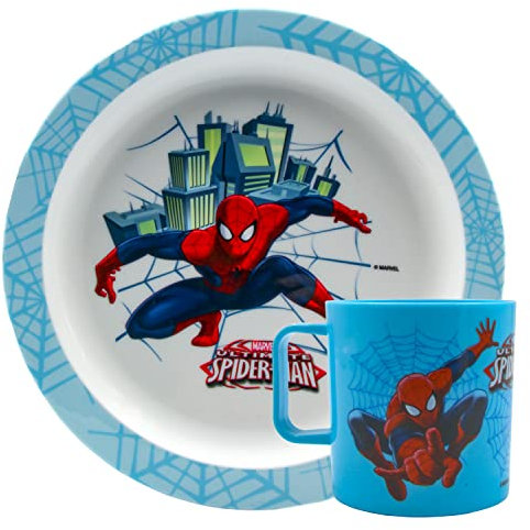 Marvel SPIDERMAN Set Piatto Piano + Tazza per bambini, Set Stoviglie Colazione, Pranzo, Merenda e Cena per bambino, 2 pezzi