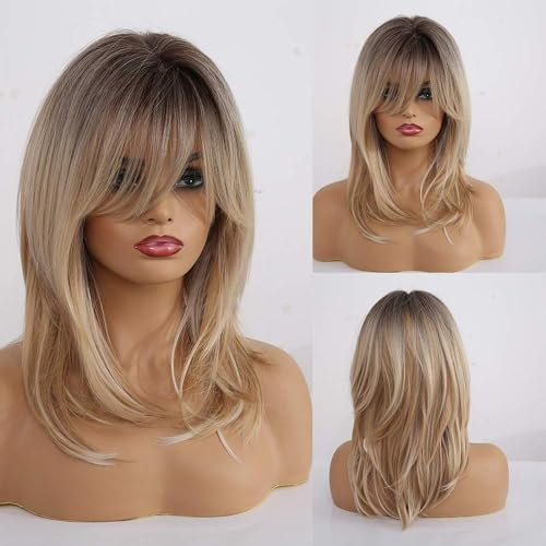 HAIRCUBE Vorhang Bangs Natur gerade dunkle Wurzel Ombre Blonde Frauen Perücken synthetische Perücken für Frauen mit Pony Wave Hair Cosplay tägliche Perücke, Haarangestellte,
