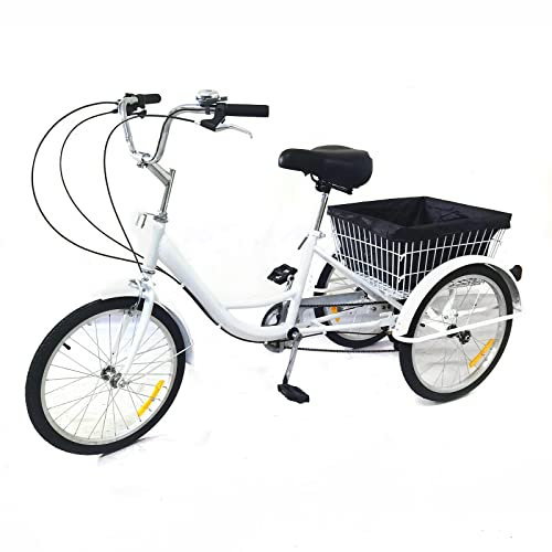 SanBouSi 20 Zoll Fahrrad Erwachsenen Dreirad Cityräder 8 Geschwindigkeit 3 Rad Fahrrad Dreirad mit Korb Rahmen aus Kohlenstoffstahl Weiß