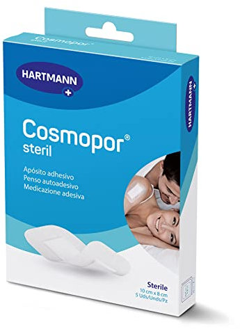 Cosmopor Steril: zur Versorgung von Verletzungen und Wunden, auch für chirurgische Wunden, weich und mit starker Haftung, geeignet für empfindliche Haut; 10 x 8 cm; 5 Stück