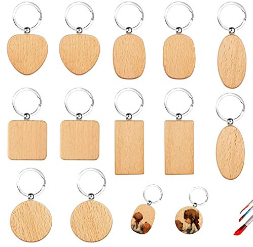 Kaisoil Holz Schlüsselanhänger, 12 Stück Blanko DIY Holz Schlüsselanhänger, Personalisiert Naturholz Schlüsselbund Schlüsselanhänger für Basteln Bemalen Dekorieren, 6 Formen