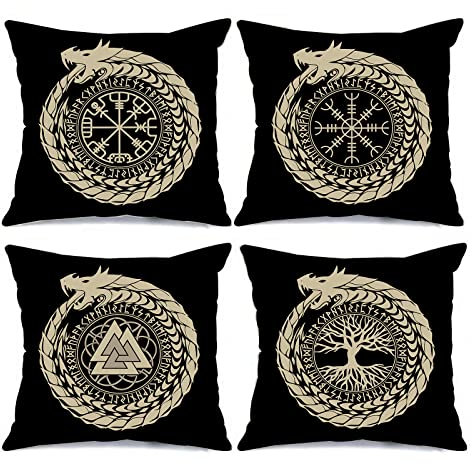 Nordics Vikings Runen Kissenbezüge Baum des Lebens, nordischer Fantasie-Drachen-Kissenbezüge, 4er-Set, Runikenkompass, Vegvisir, Outdoor-Kissenbezüge für Wohnzimmer, Couch, Sofa, Geschenk .