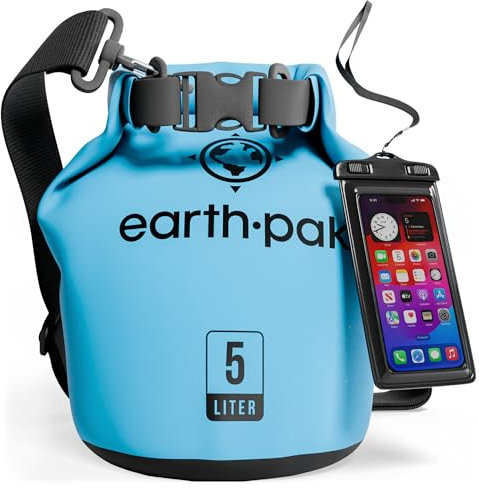 Earth Pak Sac étanche avec Poche - pour Kayak, Bateau Excursion, Canoë, Pêche, Rafting, Natation, et Snowboard (Bleu Clair, 5L)