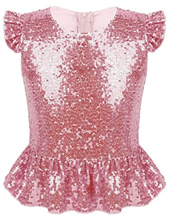 dPois Kinder Mädchen Glitzernde Shirt T-Shirt Bluse Oberteil Pailletten Tops mit Gerüschten Ärmeln für Weihnachten Party Fasching Tanz Outfit Rosa 122-128/7-8 Jahre
