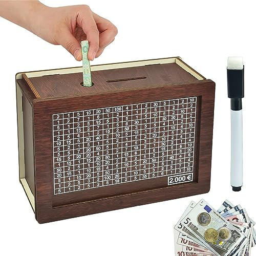 HAOMEEDUO Spardose aus Holz Sparbüchse Holz Sparschwein mit Zähler Sparbox Gelddose Spardose mit Sparziel Retro Sparbüchse Aufbewahrungsbox mit Stift für Hilft Kindern Die Gewohnheit Zum Sparen(2000€)