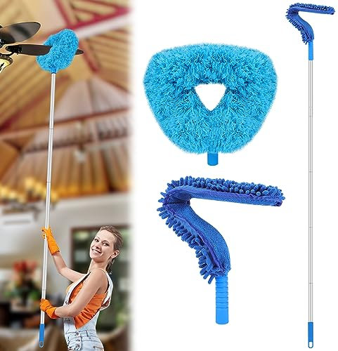 Lalafancy Plumero de techo y ventilador con mango largo de extensión, 2 en 1 de microfibra, limpiador de aspas extraíble y lavable para limpiar paredes, muebles, estanterías, puertas, hasta 10 pies