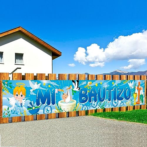DPKOW Azul Mi Bautizo Pancarta Decoraciones Bautismo Pancarta de Fondo de Tela Larga para la Decoración de Fiesta de Bautizo de Bebé Niño Decoración de Fiesta Cumpleaños Bienvenida Comunión, 270*40 cm