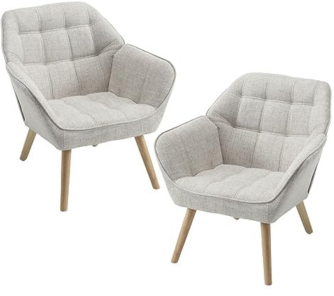 chairus 2er Set Gepolsterter Armlehnensessel Leinen Einzelsofa Loungesessel für Wohnzimmer Modern Armlehnstuhl mit Holzbeinen (Beige-2)