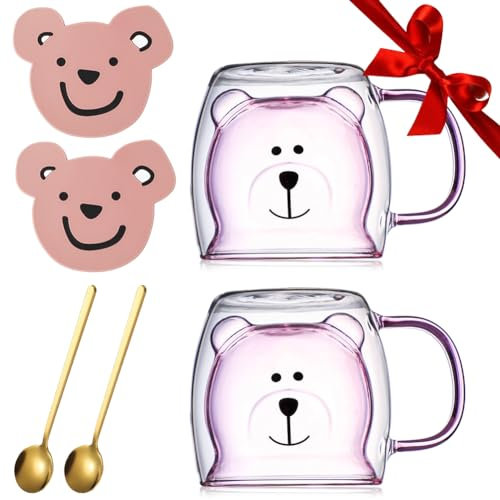 Yuragim Süße Tassen Bär Kaffeetasse Becher Doppelwandige Isolierte Espressotasse Kawaii Teegläser mit Henkel+Löffel+Untersetzer, Geschenk für Frauen Ideen Weihnachten Geburtstagsgeschenke (2xRosa)