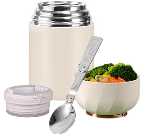 EACHPT Food Flask -500ml Stainless Steel Vacuum Double Walled Insulated Food Jars with Folding Spoon, BPA Free Leakproof Thermal food container for Hot and Cold Meals Double Soup Flask