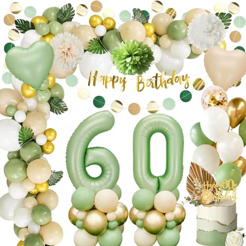 Deko 60. Geburtstag für Männer und Frauen - Luftballon Set Grün Gold mit Happy Birthday Banner, Papier Pompoms - Geburtstagsdeko