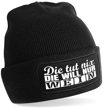 Beanie Strickmütze mit Spruch | Die TUT nix. Die Will nur Wein | schwarz | Unisex SoftTouch angenehm weiche und warme Wintermütze | OneSize Einheitsgröße für Erwachsene