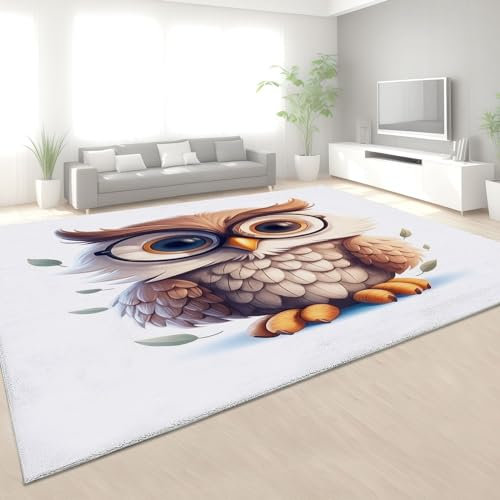 CozyRest Wohnzimmer und Schlafzimmer Teppiche 180x240 cm, Cartoon SüßE Eule Muster Teppiche Weiche Kurzflor Flanell rutschfest Waschbar, Helle Farbe Teppich für Kinderzimmer Esszimmer Dekor