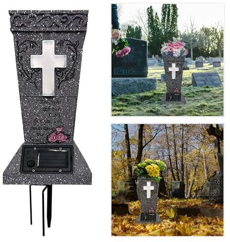 Solar Cemetery Vase with LED Cross Lamp Memorial Flower Holder