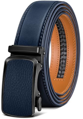 BULLIANT Gürtel Herren, Ledergürtel Ratsche Automatikschließe für Herren Business Anzug, 35mm Breit Gürtel,Größe Angepasst(Navy Blau,110cm/30-36 taille verstellbar)