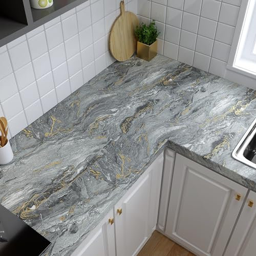VaryPaper Grey Gold Peel and Stick Marble Wallpaper 40cmx200cm Matte Marble Contact Paper for Kitchen Countertops Sticky Back Plastic Grey Vinyl Wrap for Furniture Tabletop Cupboards Sticker