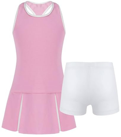 Yruioon 3 Stück Mädchen Sport Set Tenniskleid Tank Tops mit Rock Tennis Golf Badminton Sport Trainingsanzug Fitness Tanz Yoga Outfits B Rosa 134-140