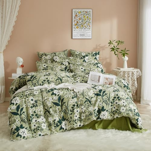 DXHOME Baumwolle Bettwäsche 200x200 Blumen Grün Weiß Bunt Pflanzen Frühling Blätter Sommer Deckenbezug Renforce Doppelbett Bettbezug mit Reißverschluss und 2 Kissenbezüge 80 x 80cm