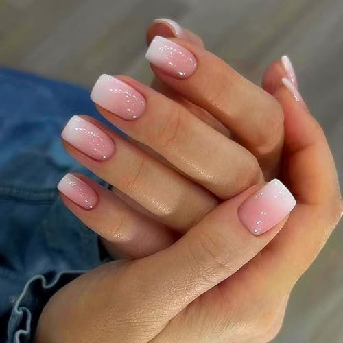 24Pcs Short Square False Nails - Nude Pink Press on Nails, Glossy Fake Acrylic Full Cover Nails for Women and Girls DIY Manicure Decorations (Nude Pink, 24Pcs)