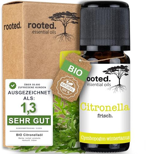 rooted.® BIO Citronellaöl 10ml [100% NATURREIN] - Cymbopogon winterianus - Ätherisches Öl für Aromatherapie, Duftlampe, Diffusoren, Raumduft, Duftkerzen und -Seifen (10ml)