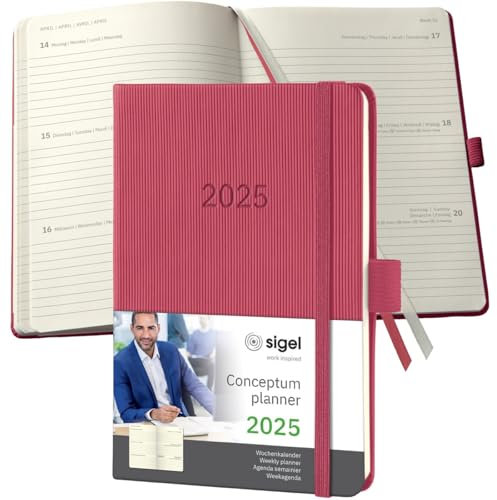 Wochenkalender Conceptum A6 2025 marsala-rot - SIGEL - 1 Woche auf 2 Seiten - Terminplaner Hardcover mit Stiftschlaufe, Quickpocket, Archivtasche, 2 Zeichenbänder und Stickerbogen - 10,8 cm x 15,1 cm