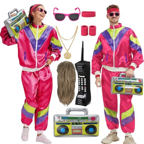 Mrsclaus 80er 90er Jahre Outfit für Herren Damen Jogginganzug Trainingsanzug Kostüm Erwachsene Disco Karneval Partnerkostüme Set mit Pop Rock Perücke Radio Telefon C057L