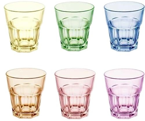 TRESV Set de 6 Vasos de Colores Pastel, Vasos de Cristal Multicolor Altos de 300ml,Aptos para Lavavajillas (300ml Todo color)