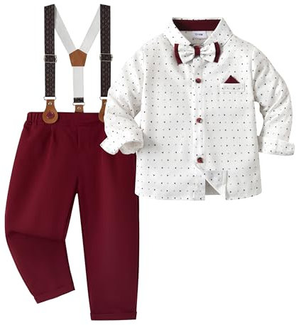 Volunboy Baby Jungen Anzug Set Bekleidung, Kleinkind Langarm Hemd mit Fliege + Hosenträger Hosen 4 Stück Anzug (2-3 Jahre,Rot Gedruckt,Größe 100)