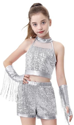 LOLANTA Tanzoutfits Mädchen Silber Pailletten Outfit, Kinder Hip Hop Jazz Kostüm, glitzernde Street Dance Kleidung mit ärmellosem Oberteil und Shorts(Silber, 8-9 Jahre, 140)